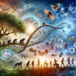 Artistic representation of evolution showing DNA transitioning into a tree of life with cooperative species and humans.