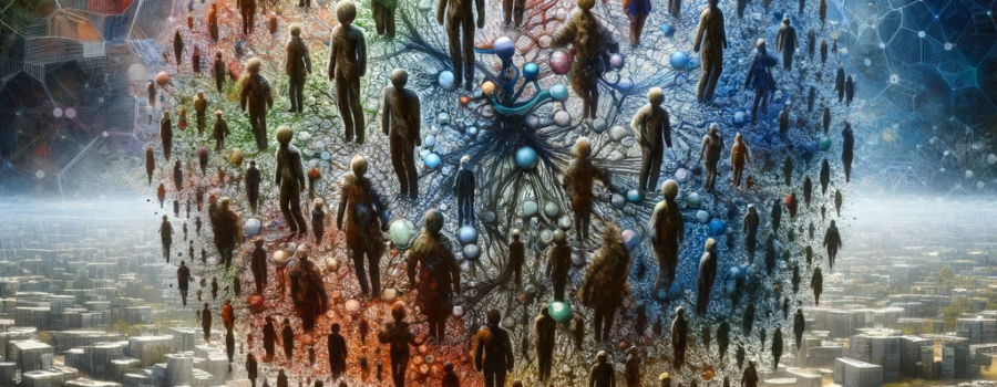 Artistic depiction of human society as a superorganism, showcasing interconnected human figures forming a complex organism against a backdrop of urban and natural landscapes.