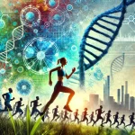 Runner mid-stride on a natural trail with a diverse crowd in a city marathon backdrop, subtly featuring DNA strands symbolizing evolutionary biology and community connection, representing the TPOCo Running category.