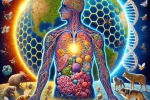 Illustration showing cooperation as a driving force in evolution, featuring a cross-section of a human body with cooperating cells, diverse organisms engaged in cooperative behaviors, and a symbolic Earth connected by a glowing network.