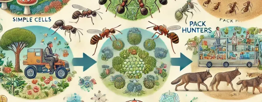 An illustration showing the progression of cooperation driving specialization in evolution, from simple cells, ants, and pack hunters to human activities in diverse environments.