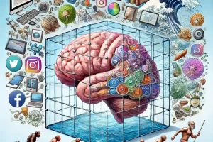 An illustration of a human brain enclosed in a cage with modern information overload symbols surrounding it.