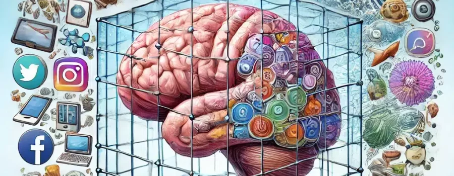 An illustration of a human brain enclosed in a cage with modern information overload symbols surrounding it.