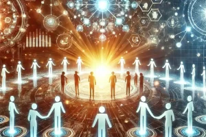 A futuristic digital artwork depicting AI as a cooperative force in human society. Human figures and glowing AI entities interact in a networked environment, symbolizing unity, ethical communication, and knowledge exchange.