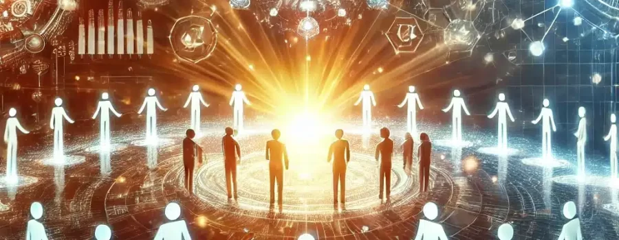 A futuristic digital artwork depicting AI as a cooperative force in human society. Human figures and glowing AI entities interact in a networked environment, symbolizing unity, ethical communication, and knowledge exchange.